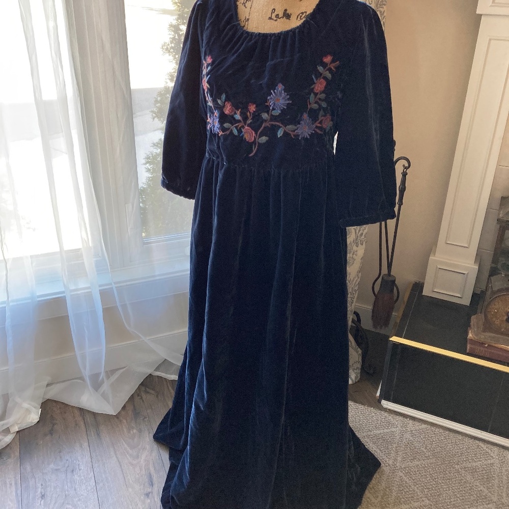 April Cornell Jewell Collection Midnight Blue Velvet Dress Sz M Embroidered